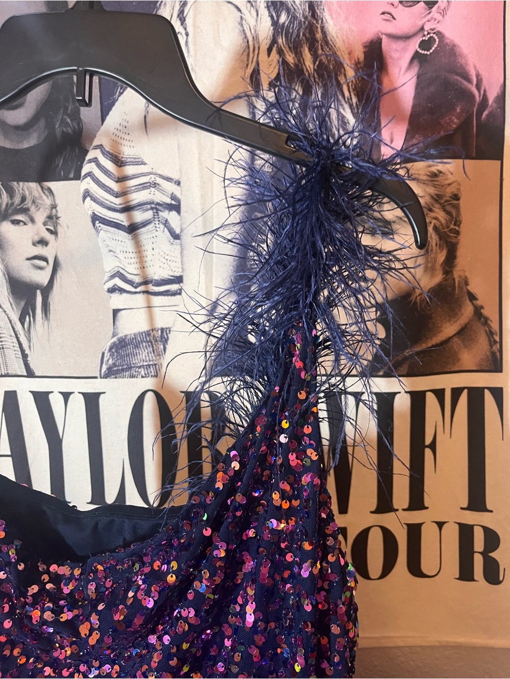 City Vibe Navy Iridescent Sequin Feather One Shoulder Mini Dress Women’s XL - Picture 3 of 4